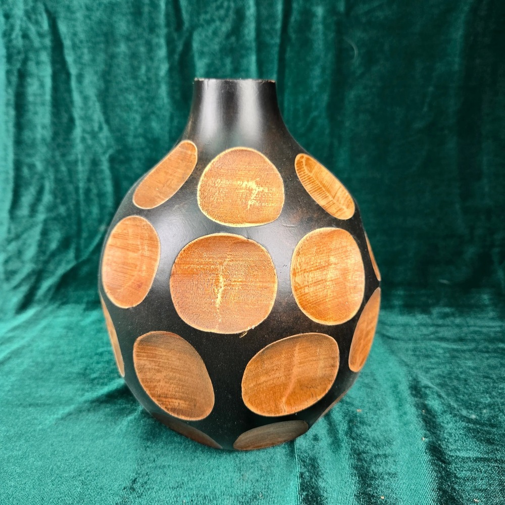 Mango Wood Bulb‎ Vase with Circle Carving Black & Natural Decorative
